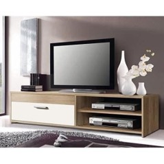 Meuble TV PILVI - Style contemporain - Particules mélaminé - Décor Chene et blanc - 1 Abattant + 2 niches - L 120 x P 42 x H 