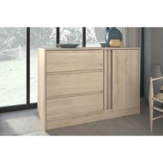 Commode ESCALE - 3 tiroirs - 1 porte - Décor chene -  L 109,8 x H 76,8 x P 50 cm