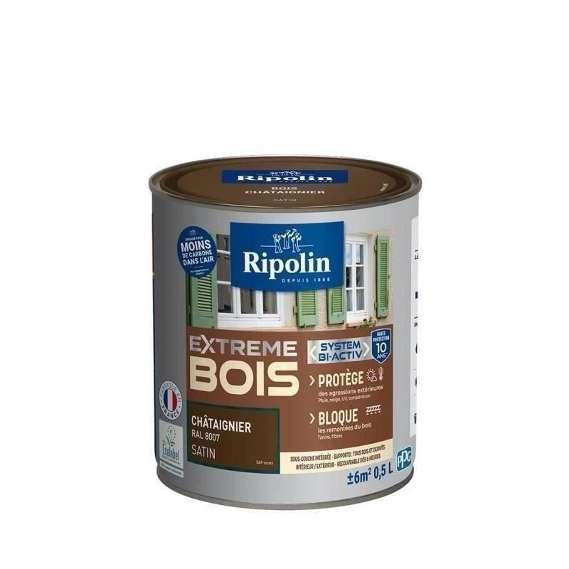 RIPOLIN Peinture Bois Satin Haute Protection 10 ans qui Protege et Magnifie vos Bois - Châtaignier