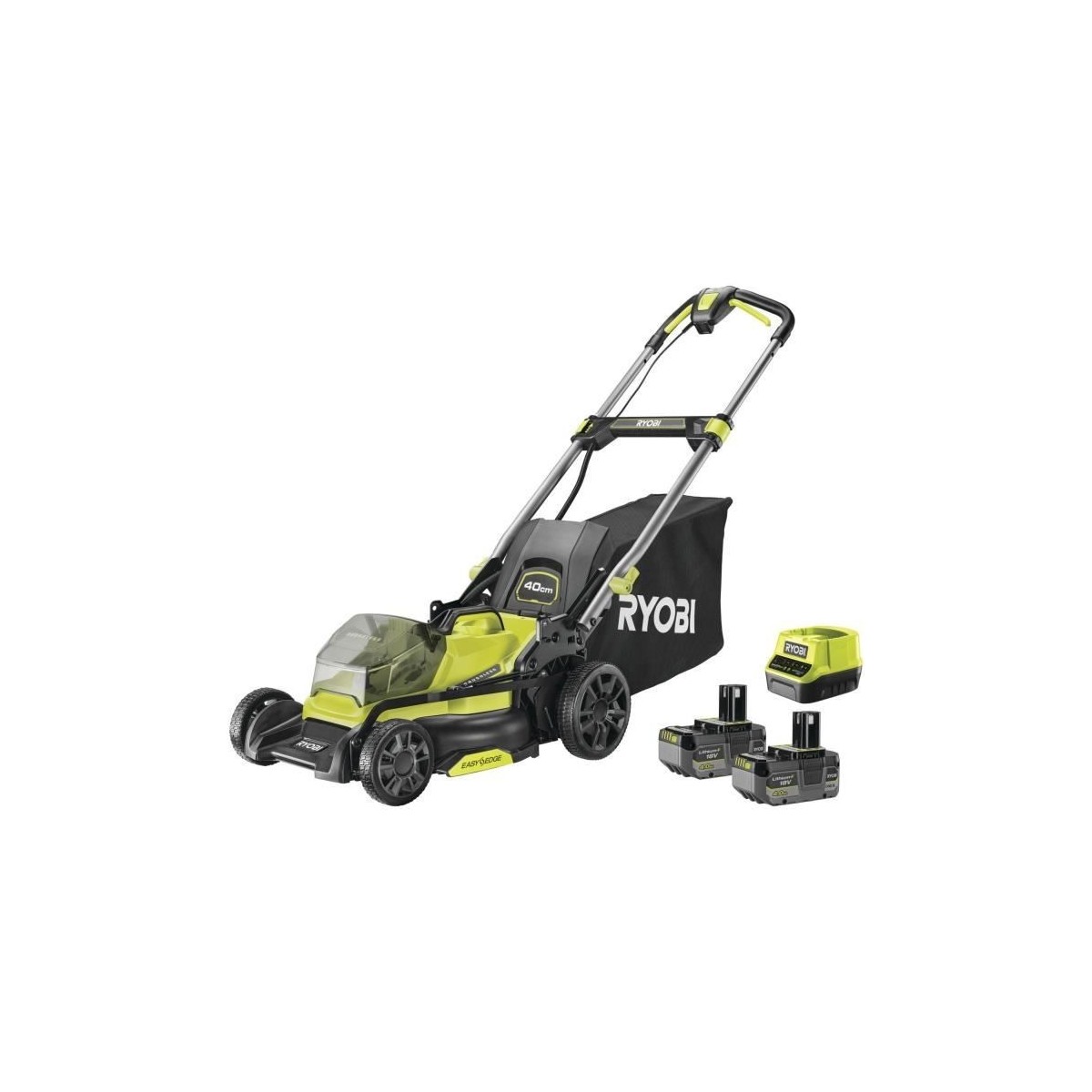 RYOBI - Tondeuse poussée 18V Brushless - Ø coupe 40 cm - ramassage et mulching  - 2 batteries 18V 4,0 Ah & chargeur - RY18LMX4