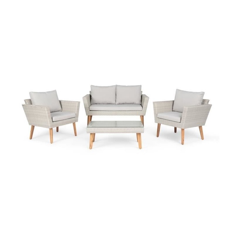 Salon de jardin en résine tressée et pieds en bois d'Acacia FSC avec coussins - 4 personnes - MIRA - Gris Salon de jardin en résine tressée et pieds en bois d'Acacia FSC avec coussins - 4 personnes - MIRA - Gris