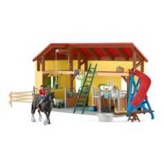 Écurie avec boxes et animaux, coffret de 82 pieces avec chevaux, petits animaux de la ferme, outils et figurines de fermier, jo
