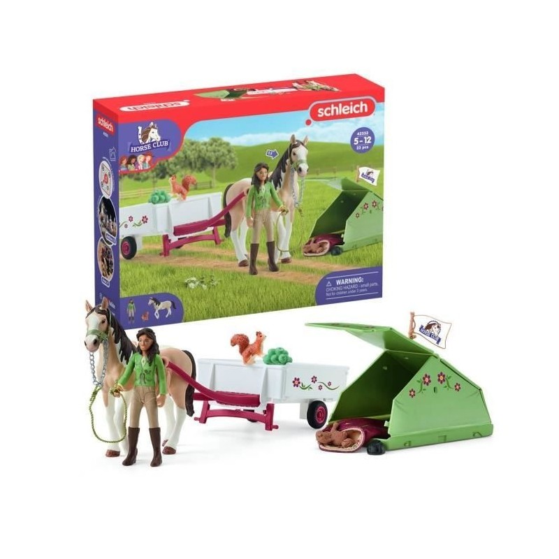 Aventures au camping de Sarah, coffret schleich avec 23 éléments inclus dont 1 cheval schleich et 1 personnage, coffret figuri
