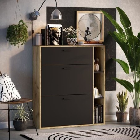 Meuble a chaussures LEONA 2 Portes - Mélaminé noir et contour chene rustique - 8 a 10 paires - L90 x P25 x H102 cm