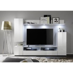 Ensemble meuble TV DOS - éclairage LED inclus - 3 Portes - Mélamine blanc mat et brillant - L208 x P33 x H165 cm