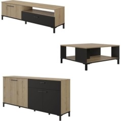 Ensemble meuble TV, table basse et buffet bas - TRUST - Chene / Noir - GAMI