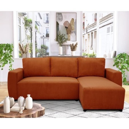 Canapé d'angle convertible 3 a 4 places PHARELL - Tissu velours cotelé terracotta - Réversible - L 224 x P 155 x H 85 cm