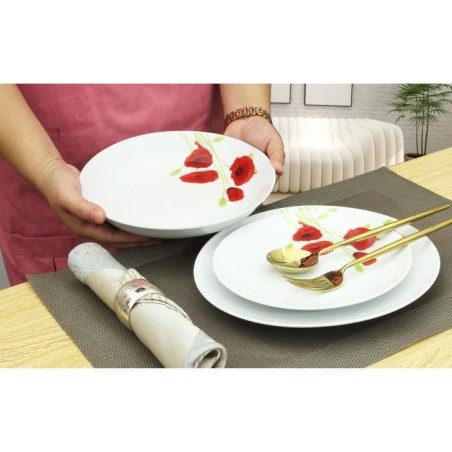 Service de Table 18 pieces en porcelaine Coquelicot rouge et blanc