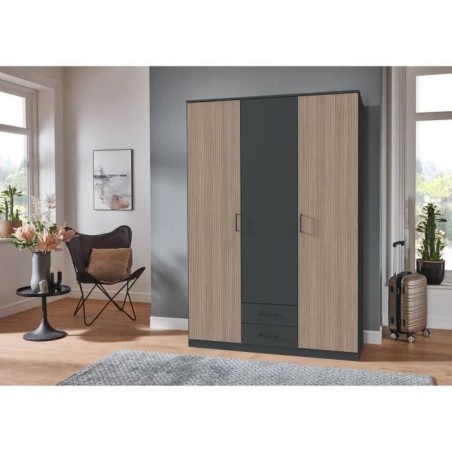 Armoire de chambre - AGIA - Graphite - 3 portes battantes - 2 tiroirs - 135 x 199 x 58 cm