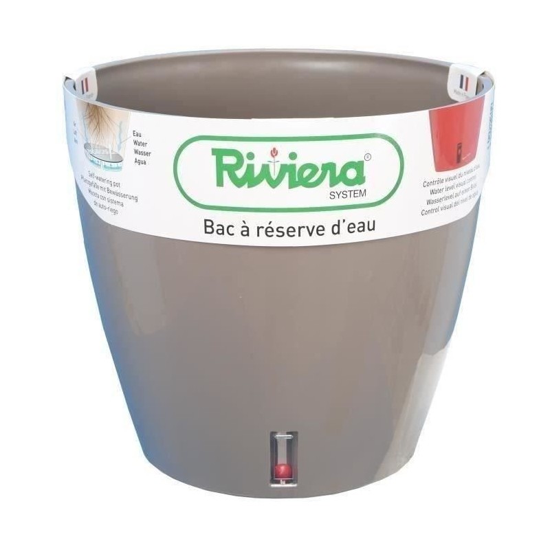 Pot de fleur rond en plastique - RIVIERA - EVA NEW - Avec réserve d'eau - Ø 46 cm - 49 L - Taupe