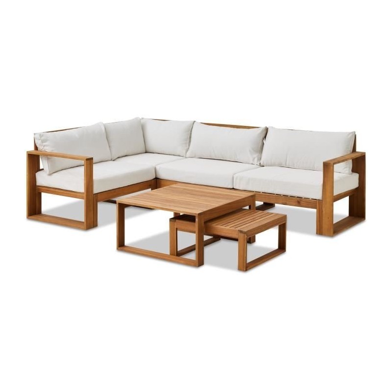 Salon de jardin d'angle modulable - Bois d'acacia - 5 personnes - LEVATA OTTOMAN - Blanc cassé + Housse