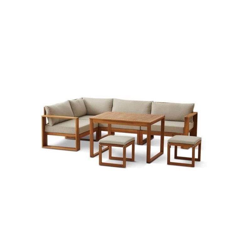 Salon de jardin en bois d'Acacia FSC avec coussins + housse de protection - 7 personnes - LEVATA - Gris
