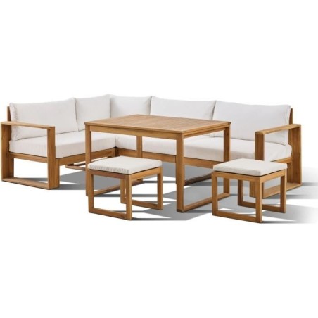 Salon de jardin d'angle modulable - Bois d'acacia - 6 personnes - LEVATA DINING - Blanc cassé + Housse