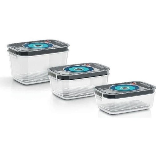 BOSCH - 3 boites de conservation sous vide hermétiques : 0,7L, 1,0L et 1,5L - Bac d'égouttement - Indicateur jour et mois - Tr