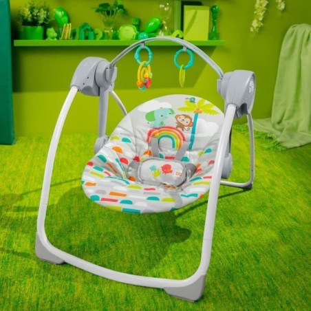 BRIGHT STARTS Balancelle bébé électrique compacte  Animaux, 6 vitesses balancement, 10 chansons, 2 position d'inclinaison