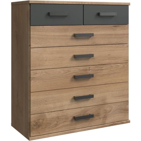 Commode - CORFOU - 4 grands tiroirs + 2 petits - Chene poutre / Graphite - 91 x 40 x 103 cm