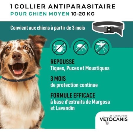 Collier répulsif puces tiques et moustiques - VETOCANIS - Chien de 10 a 20 kg - Extraits Naturels Margosa et Lavandin (Lot de 2