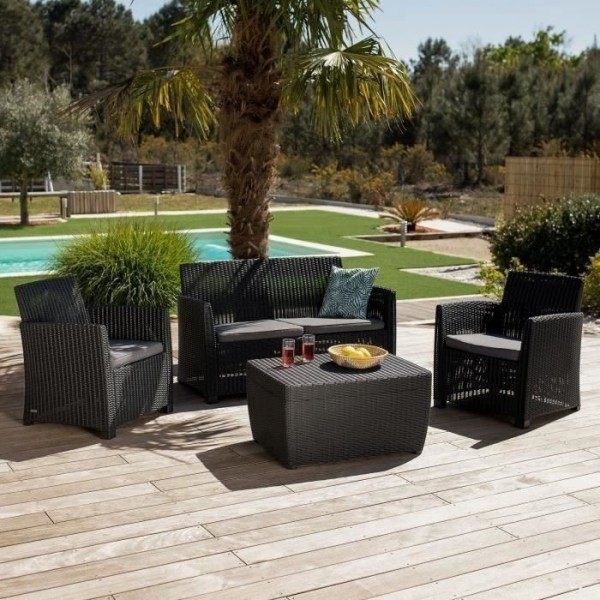Salon de jardin - résine imitation rotin tressé - Allibert by KETER - 4 personnes - Mia - Gris graphite