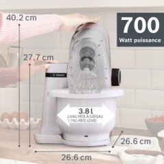 Robot pâtissier BOSCH Serie 2 - 700 W - 4 vitesses - 3,8 L - 3 disques - hachoir a viande - Blanc