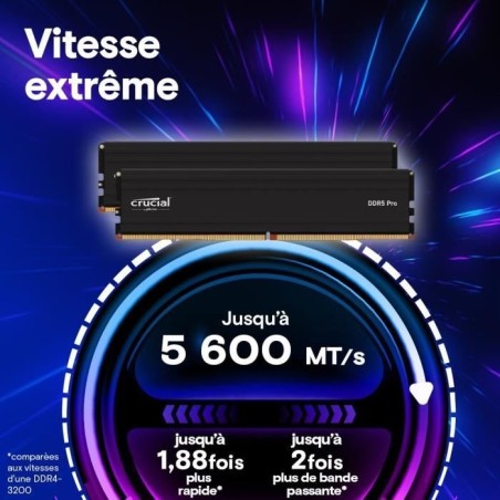 Mémoire RAM - CRUCIAL - DDR5 PRO - Kit 48 Go (2 x 24 Go) - 5600 MT/s - UDIMM - CL46 - CP2K24G56C46U5
