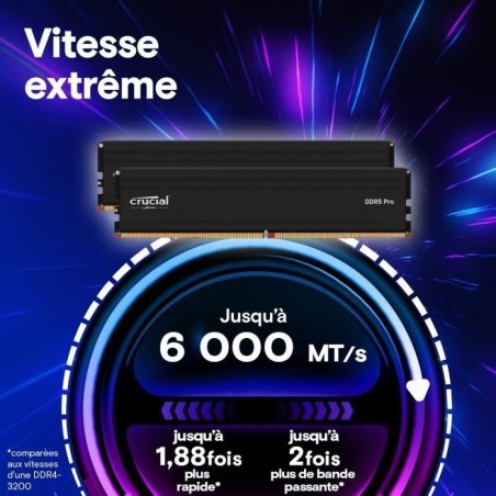 Mémoire RAM - CRUCIAL - DDR5 PRO - Kit 48 Go (2 x 24 Go) - 6000 MT/s - UDIMM - CL48 - CP2K24G60C48U5