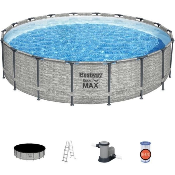 Kit Piscine hors sol tubulaire BESTWAY Steel Pro Max - 549 x 122 cm - Ronde (Avec pompe de filtration, une échelle et une bâ