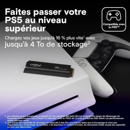 CRUCIAL - T500 - Disque SSD interne - 4 To - Dissipateur thermique - Jusqu'a 7400 Mo/s
