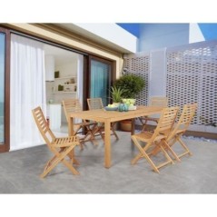 Ensemble repas de jardin 6 personnes - Table 160 x 90 cm + 6 chaises pliantes - Bois Eucalyptus FSC