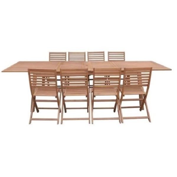Ensemble repas de jardin  8 a 12 personnes - Table extensible 200/250/300 x 100cm + 8 chaises - Bois Eucalyptus FSC