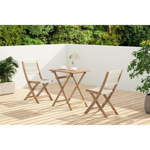 Set bistrot pliable en bois d'acacia FSC avec tressage en corde beige - 2 personnes - MAKENA