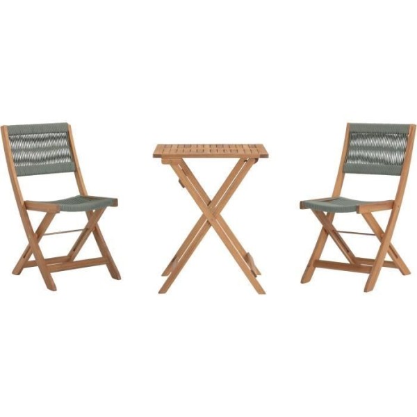 Set bistrot pliable en bois d'acacia FSC avec tressage en corde vert olive - 2 personnes - MAKENA