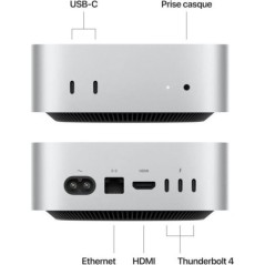 Apple - Mac mini (2024) Puce Apple M4  - RAM 16Go - Stockage 512Go SSD - CPU 10 coeurs GPU 10 coeurs - Argent