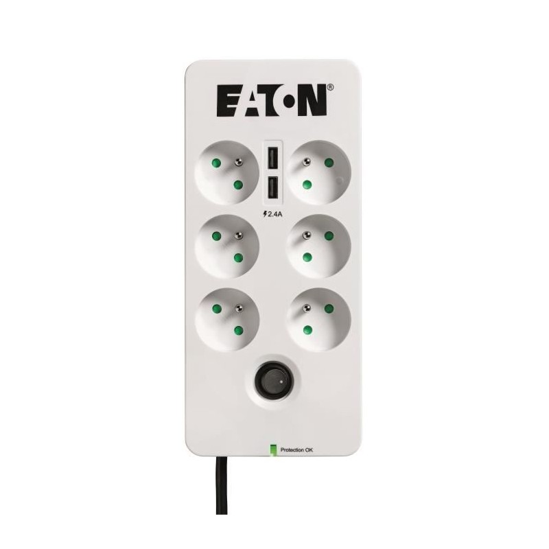 Multiprise/Parafoudre - EATON Protection Box 6 Tel USB FR - PB6TUF - 6 prises FR + 1 prise tel/RJ + 2 ports USB - Blanc & Noir