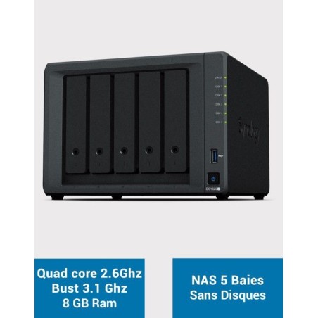 Serveur NAS extensible 5 baies - SYNOLOGY - DS1522+ - AMD Ryzen R1600 - 8 Go DDR4 - RAID 1