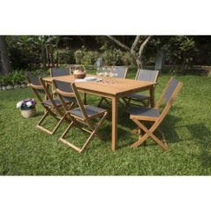 Ensemble repas de jardin 6 a 8 personnes - Table extensible 180/240 x 100 cm + 6 chaises assises textilene - Bois Eucalyptus FSC