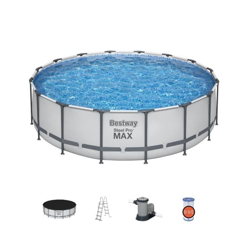Kit Piscine hors sol tubulaire BESTWAY - Steel Pro Max - 488 x 122 cm - Ronde (Filtre avec cartouche, échelle, bâche)