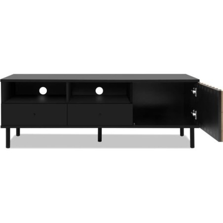 Meuble TV - MONZA - Noir / Chene artisan - 2 tiroirs, 2 niches ouvertes, 1 porte - 138 x 49 x 40 cm