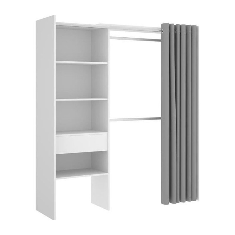 Dressing extensible avec rideau + 1 tiroir - Décor Blanc - L 160-113 x P 50 x H 205 cm - SUIT Dressing extensible avec rideau + 1 tiroir - Décor Blanc - L 160-113 x P 50 x H 205 cm - SUIT