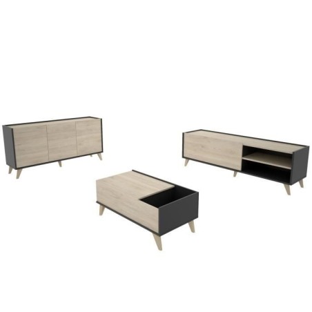 Ensemble meuble TV table basse buffet NESS - Mélaminé - Style scandinave - Chene naturel et graphite