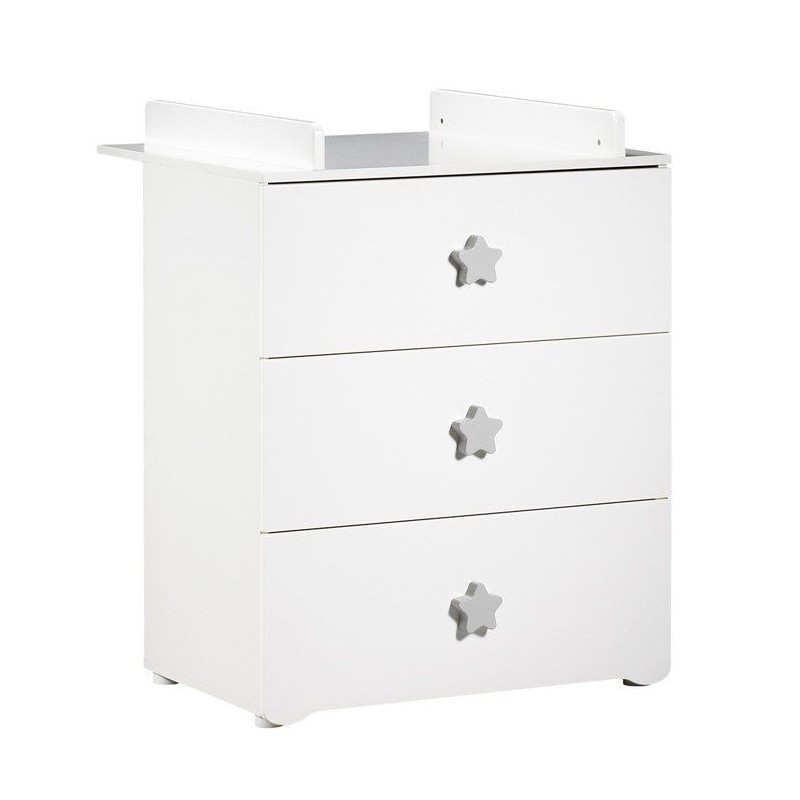 Commode a langer - Babyprice - Basic - 3 tiroirs - Blanche - Boutons étoiles grises Commode a langer - Babyprice - Basic - 3 tiroirs - Blanche - Boutons étoiles grises