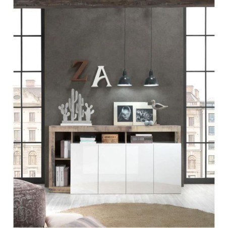 Buffet MAESTRO - Panneaux de particules - Effet Bois Vintage et blanc Laqué - 4 portes - L 184 x P 42 x H 93 cm