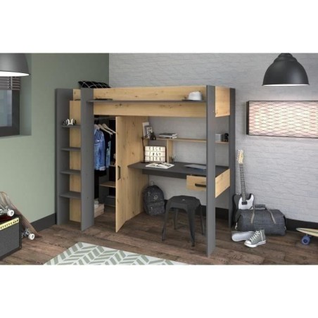 Lit combiné mezzanine enfant PARISOT HIGH - Chene et gris - Sommier inclus - 90 x 200 cm