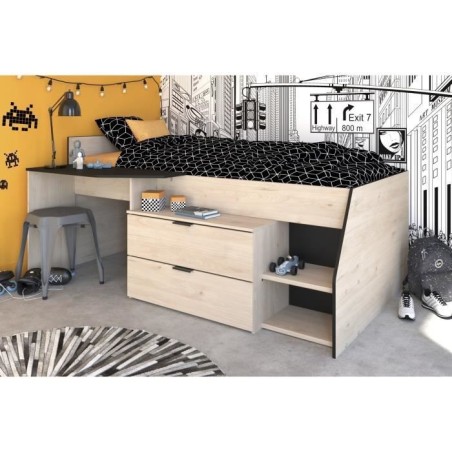 Lit Combiné enfant PARISOT Kim - Chene Jackson et Noir - 90x190/200 cm