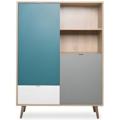 Buffet haut - Chene Sonoma, blanc, gris et bleu - Style scandinave - CUBA - L 103 x P 40 x H 139  cm
