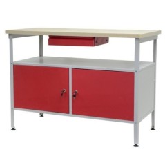 Établi a double porte DEFITEC - Rouge/Blanc - Pieds réglables - 1 tiroir - 2 étageres