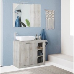 ROME Ensemble Meuble salle de bain  L 92 + vasque + 2 Portes + 3 niches  - Coloris chene Pin Clair