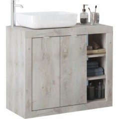 ROME Ensemble Meuble salle de bain  L 92 + vasque + 2 Portes + 3 niches  - Coloris chene Pin Clair