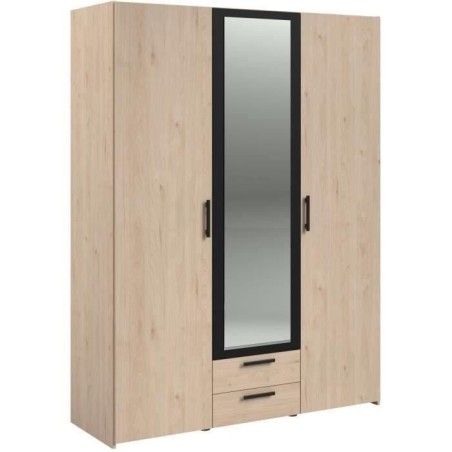 Armoire VARIA - Décor chene et noir - 3 portes battantes + 2 tiroirs + 1 miroir - L 150 x H 200 x P 51 cm