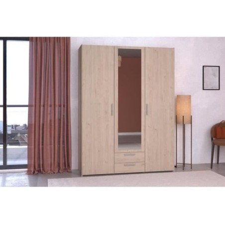 Armoire VARIA - Décor chene - 3 portes  + 2 tiroirs + miroir -  L 150 x H 200 x 51 cm