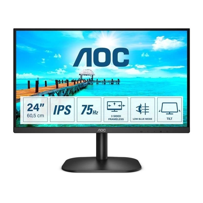 Écran PC - AOC 24B2XH - 23,8 FHD - Dalle IPS - 75Hz - 4ms - HDMI/VGA - LowBlue/Flicker-Free - VESA 100x100 - Noir